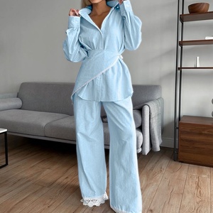 OOTD OEM Ladies' New Trendy Casual Custom Striped Cotton-<b>Linen</b> Lace <b>Set</b> Long Sleeved Long Pants - Product Image 1