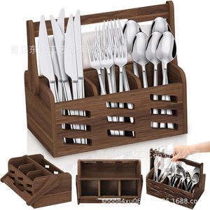 Cesta de Almacenamiento de Madera Maciza, Organizador Portátil de Utensilios de Cocina para Exteriores, Rectangular, de Una Sola Capa, para Escritorio - Product Image 4