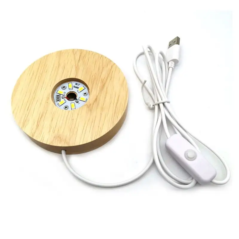 Redonda maciça madeira luminosa base LED luz DIY plug-in USB luz noturna 10cm