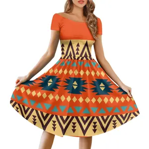 Oranje Afrikaanse Wax Print Vrouwen 2024 Zomer Casual Losse Bloemenprint Geplooide Korte Mouw Midi Sun Jurk Voor Strand Huwelijksfeest