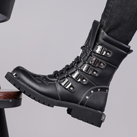 Botas de Motocicleta de Media Pantorrilla para Hombre, Diseño Nuevo, de Cuero PU, con Múltiples Hebillas Metálicas, Puntera de Acero, Antideslizantes, con Suela de Goma Gruesa, para Exteriores