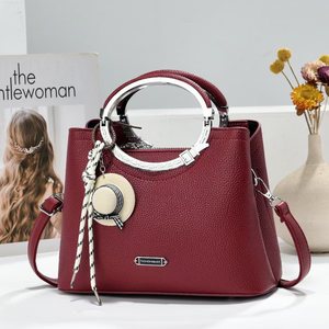 Tote <b>Bag</b> Maroon Lychee Pattern With Pendant Shoulder <b>Crossbody</b> <b>Bag</b> For Women Leisure Travel - Product Image 1