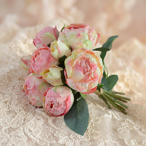 Bouquet di 9 Rose in Seta Fatte a Mano, <span class=keywords><strong>Rosa</strong></span>/Rosso, Fiori Artificiali per Matrimoni, Decorazioni per la Casa, Vendita all'Ingrosso - Product Image 2