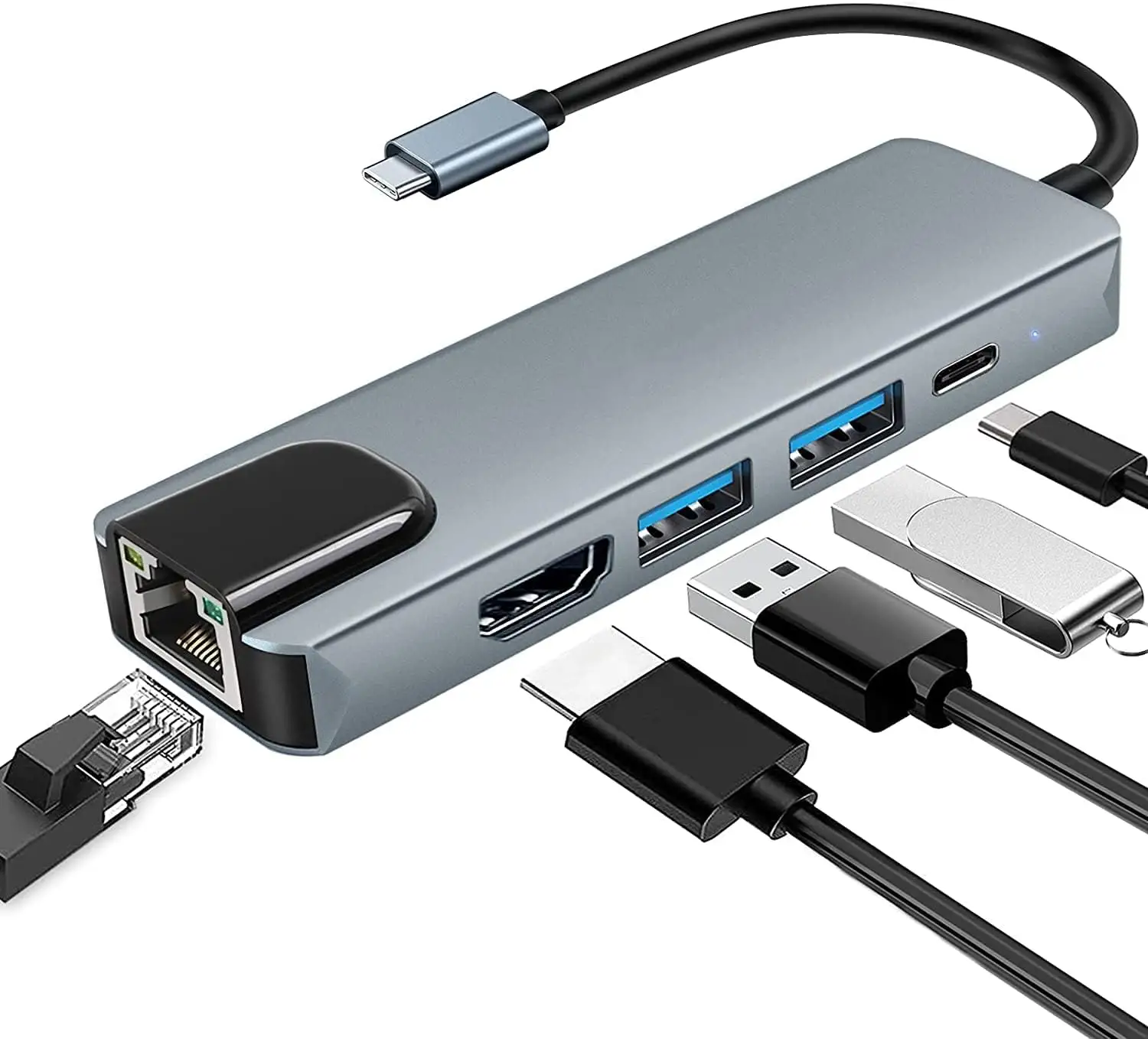 SY 5 في 1 USB C محور متعدد الموانئ: HDMI 4K، 1000M Ethernet USB 3.0 منافذ نوع C محور محطة توصيل للكمبيوتر المحمول