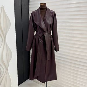 Manteau <span class=keywords><strong>trench</strong></span> en cuir PU de style français pour femme, printemps-automne 20256, col large, <span class=keywords><strong>ceinture</strong></span>, mi-longueur, au-dessus du genou, élégant - Product Image 6