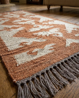 Terracotta Cream Geometric Wool Jute Runner Rug Handwoven Modern Non-Slip Low Pile Hallway Entryway Carpet Home Floor Decor