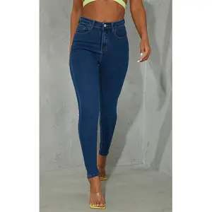 Custom Women Blue Skinny Jeans Mid Blue Wash Bum Pants Trouser Shape Five Pocket Skinny Ladies Jeans Street wear