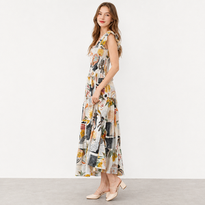 Abito lungo da donna con stampa tropicale fantasia, corpetto smock, spalline arricciate, orlo a balze, vestito estivo da spiaggia, nuovo stile - Product Image 4