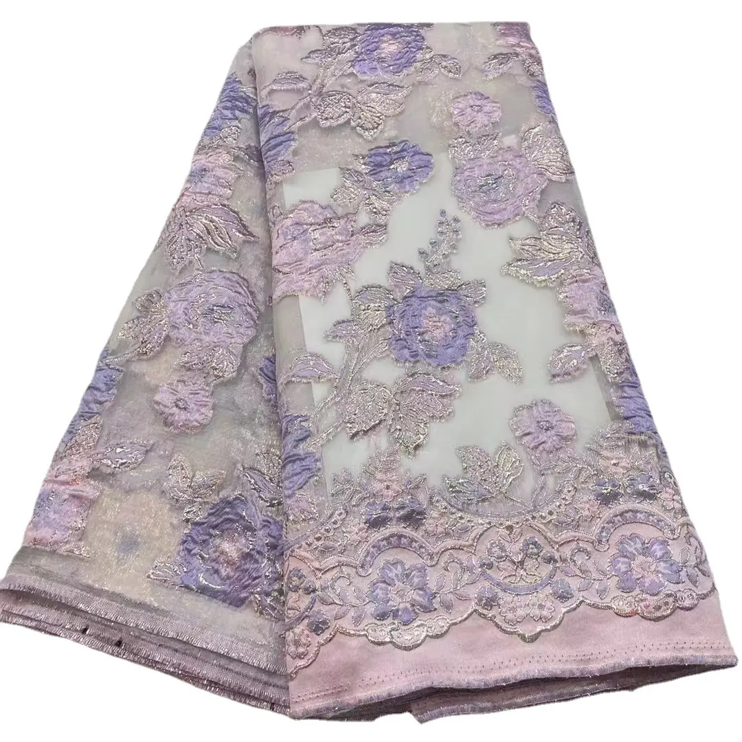 Tissu de robe d'été à rayures de luxe, tissu en Polyester Organza Jacquard avec tissu de vêtements en Relief de fleur 3D, vente en gros