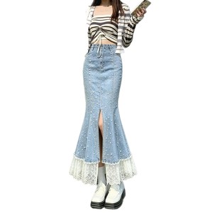 Jupe en jean patchwork dentelle 2026 Nouvelle collection été taille haute avec fente et jupe mi-longue élégante - Product Image 6