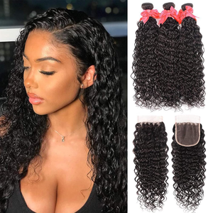Extensions de cheveux brésiliens Water Wave avec closure, 100% naturelles non traitées, avec closure 4x4, raie libre, ondulées et bouclées, effet mouillé - Product Image 1