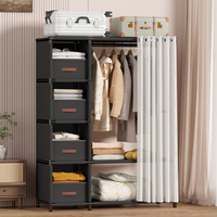 Armoire portable avec 4 tiroirs, organisateur de vêtements en tissu à 2 colonnes, porte-vêtements en tube d'acier de 16 mm avec rideau anti-poussière
