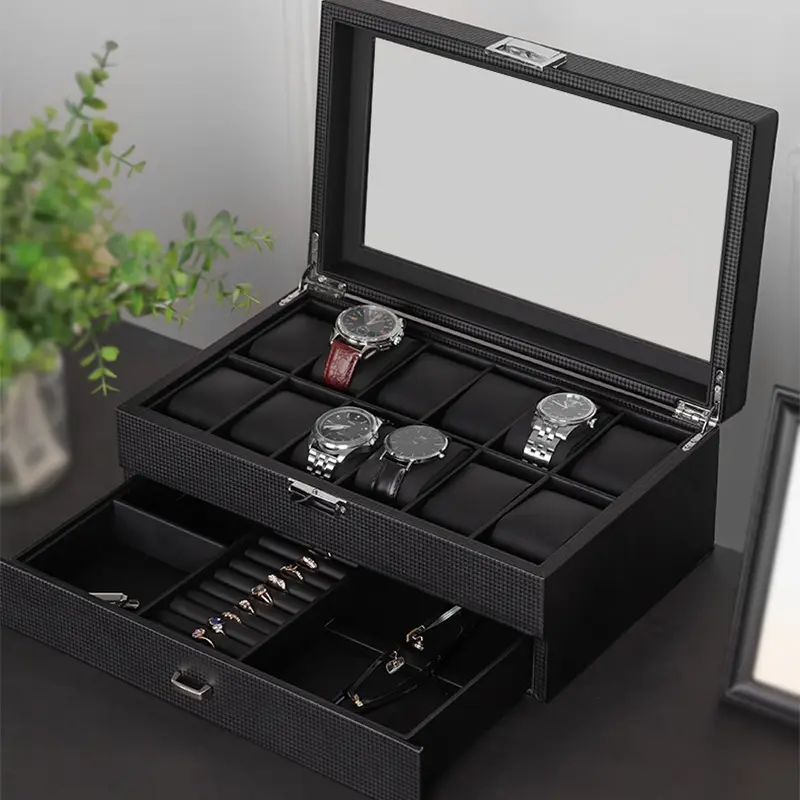 12 double layer watch box black carbon fiber ring box PU Leather jewelry box manufacturers