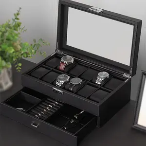 12 더블 레이어 시계 상자 블랙 탄소 섬유 반지 상자 PU 가죽 보석 상자 제조 업체