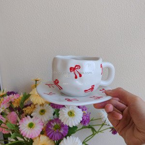 Cute Korean Inspired Bow Ceramic Mug Hand-Painted Pink Design Reusable Dishwasher & Microwave Safe for Business Gifts