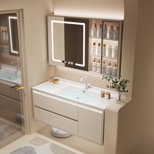 Meuble-lavabo intégré en céramique Liang Jie, couleur café au lait, avec armoire en aluminium nid d'abeille et miroir lumineux, design intelligent - Product Image 4