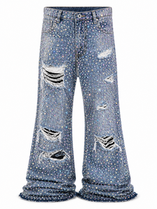Jeans Holgados Hechos a Medida con Adornos de Diamantes de Imitación AB, Diseño Desgastado y <span class=keywords><strong>Roto</strong></span>, Estilo Retro Urbano para Hombre - Product Image 1