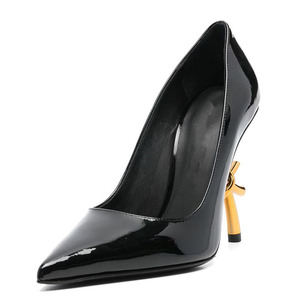 Women's Pointed Toe Patent Sandals Slingback Style Gold Bow Knotted Metal High Heels Shoes Back Strap <b>Pumps</b> - Product Image 2