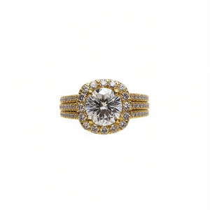 Anillo de Compromiso Clásico con Diamantes Naturales, Chapado en Oro de 22K, Corte Brillante Redondo, Halo con Diamantes Laterales, Modelo Q095 - Product Image 2