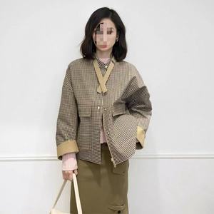 New Spring Autumn <strong>Women</strong> Checkered Tie Neck Large Pocket Utility Jacket Coat Fashion Workwear Jacket With Belt Detachable Pockets - Product Image 3