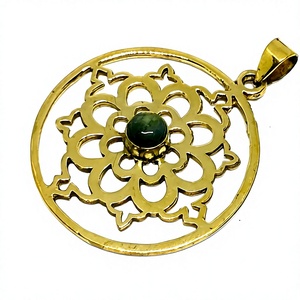 Brass Color Gemstone Shri Yantra Round Shape Bohemian Bezel Setting Charm <b>Pendant</b> - Product Image 4