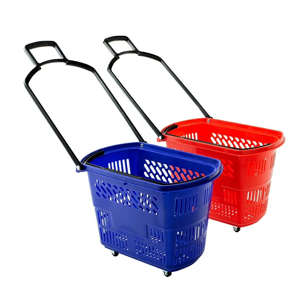 Panier de supermarché en plastique, vente en gros, chariot de magasin à roulettes, marché en plastique
