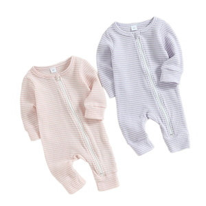 1 pièce Combinaison unisexe en coton pour l'automne, motif uni, manches à volants, en tissu gaufré, avec fermeture auto-agrippante, pour nourrissons et tout-petits - Product Image 1
