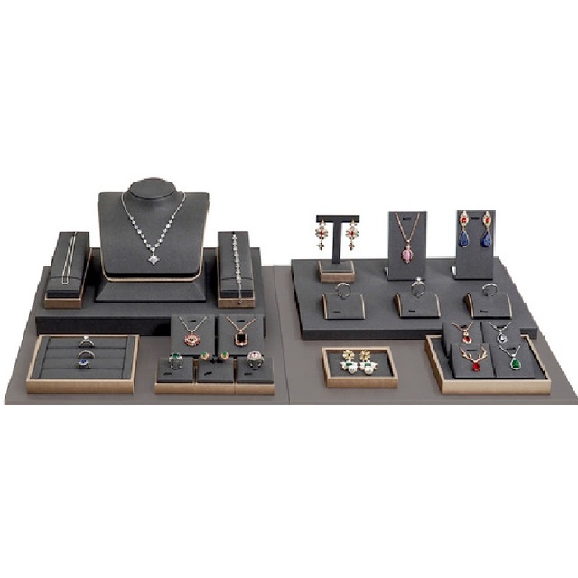 Jewelry Stand Display Props for Ring Necklace Earrings Set Bust Holder PU Leather Jewellery Display Stands Sets in Gray Color