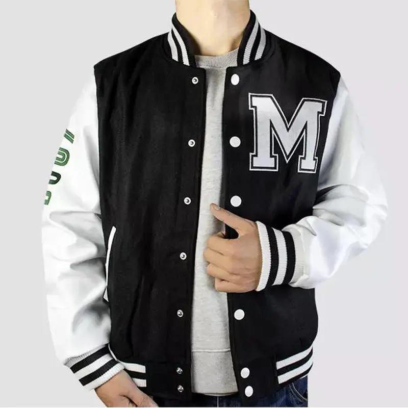 Leather Sleeve Baseball Varsity Jacket Baseball Letterman Varsity Bomber Jacket PU Baseball Varsity Jacket Men Casual Crocheted