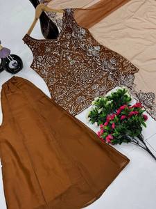 Heavy Natural Crep Silk Heavy Bids Hand Work Embroidery Sequence Work With Fully Flair Stone Work Top Plazzo with Dupatta Set - Product Image 5