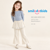 Smiledotkids Pantalon évasé personnalisé pour enfants, broderie marguerite crème, taille peplum, tricot doux, OEM ODM, vente en gros pour petites filles