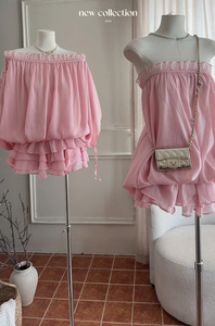 Ensemble Voile Rose Bochum Off-Sholle + Short Style Doux 100% Polyester Chiffon Vêtement Quotidien Ensemble Short 2 Pièces Vente en Gros - Product Image 2