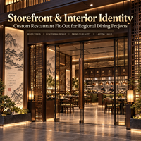 Aménagement clé en main pour restaurant chinois : cloison en bois, vitrine, mobilier complet pour la restauration régionale.