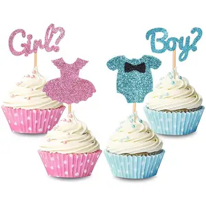 12 teile/paket Glitter Papier Junge Mädchen Cup Cake Topper Topper Dekoration für Baby-Dusche Taufe Geschlecht offenbaren Party