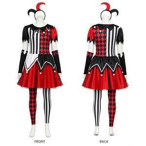 Costume de Clown Maléfique pour Halloween pour <span class=keywords><strong>Femme</strong></span>, Robe Imprimée Asymétrique 5 Pièces avec Jupe en Tulle, Chapeau, Bandeau, Manchettes et Bas - Product Image 3