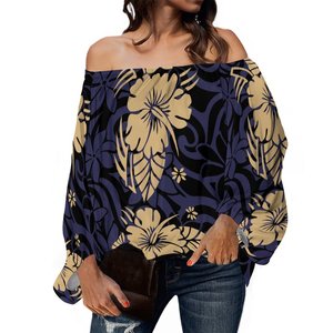 Usine en gros personnalisé Hibiscus fleur polynésienne Tribal imprimer une épaule hauts dames Blouses grande taille femmes Blouse - Product Image 1