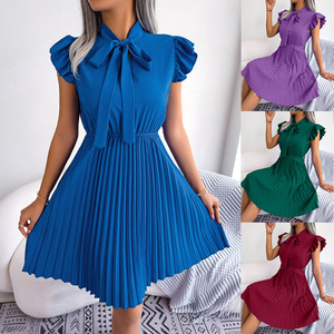 RNSHANGER nuevas mujeres Primavera Verano elegante encaje hasta cintura alta vestido de pliegue grande <span class=keywords><strong>para</strong></span> damas cuello de lazo <span class=keywords><strong>vestidos</strong></span> plisados de Color sólido - Product Image 2