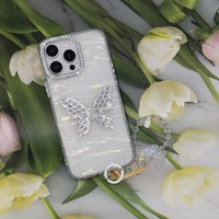 Coque de téléphone Bling Papillon avec dragonne en cristal, antichoc, pour iPhone X, 14, 11, 16, 17, 18 Series, Samsung, Redmi, OPPO, VIVO