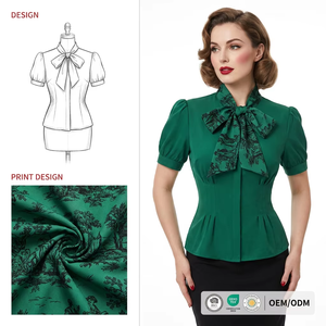 Blusa con Lazo en el Cuello y Estampado Digital Personalizado OEM, con Efecto de Fruncido en el Busto y Cintura Estructurada, Estilo Vintage Retro para Mujer - Product Image 2