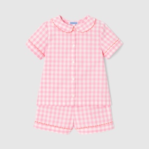 Casual Style Baumwolle Kurzarm Shirts Shorts Set Pink Plaid Kinder Sommernacht Nachtwäsche Mädchen Pyjamas - Product Image 1