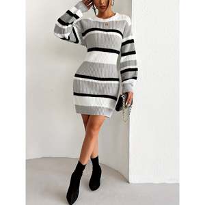 Vestido Mini de Punto a Rayas con Bloques de Color, Vestido Suéter para Mujer, Gris M - Product Image 1
