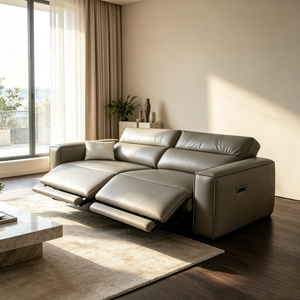 Sofá reclinable eléctrico de cuero gris claro personalizado, mueble de descanso cómodo para el hogar, para el descanso diario. - Product Image 1