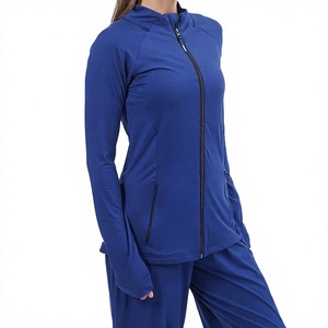 Women's Regular Fit Full Sleeve <b>Zipper</b> Yoga Jacket Solid Blue Breathable Polyester Sport <b>Top</b> - Product Image 1
