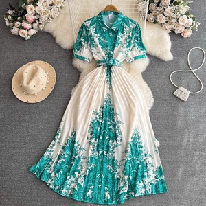 Abito lungo da donna elegante a maniche corte con risvolto, cintura in vita, monopetto, stampato, plissettato, linea ad A, ampia gonna, casual, per tutti i giorni e feste - Product Image 2