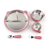 Ensemble de couverts pour enfants en silicone de qualité alimentaire 100% et acier inoxydable 304, bavoir, cuillère, fourchette, bol, assiette avec ventouse pour bébé