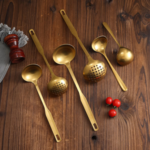 Retro Gold Stainless Steel Soup Ladle Set 5Pc Strainer Spoon Commercial Kitchen Cooking Tool - Product Image 1