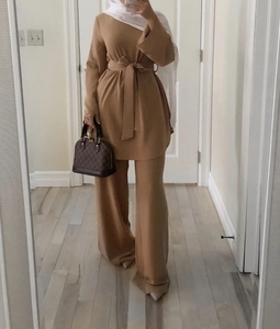 Conjunto de dos piezas de Color puro de alta calidad, blusa Simple y pantalón de pierna ancha suelto, conjuntos de <span class=keywords><strong>moda</strong></span> de oficina, conjuntos de Abaya modestos musulmanes 2272 - Product Image 2