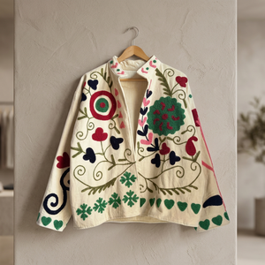 Manteau d'hiver ouvert sur le devant en coton crème fait main, broderie florale Suzani multicolore vibrante, collection 2026 à succès - Product Image 3