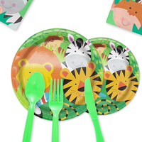 Ensemble de vaisselle jetable pour fête d'anniversaire sur le thème des animaux de la jungle, assiettes en papier PE, gobelets, couverts, motifs d'animaux mignons