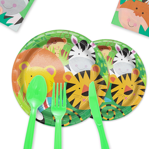 Ensemble de <span class=keywords><strong>vaisselle</strong></span> <span class=keywords><strong>jetable</strong></span> pour fête d'anniversaire sur le thème des animaux de la <span class=keywords><strong>jungle</strong></span>, assiettes en papier PE, gobelets, couverts, motifs d'animaux mignons - Product Image 4